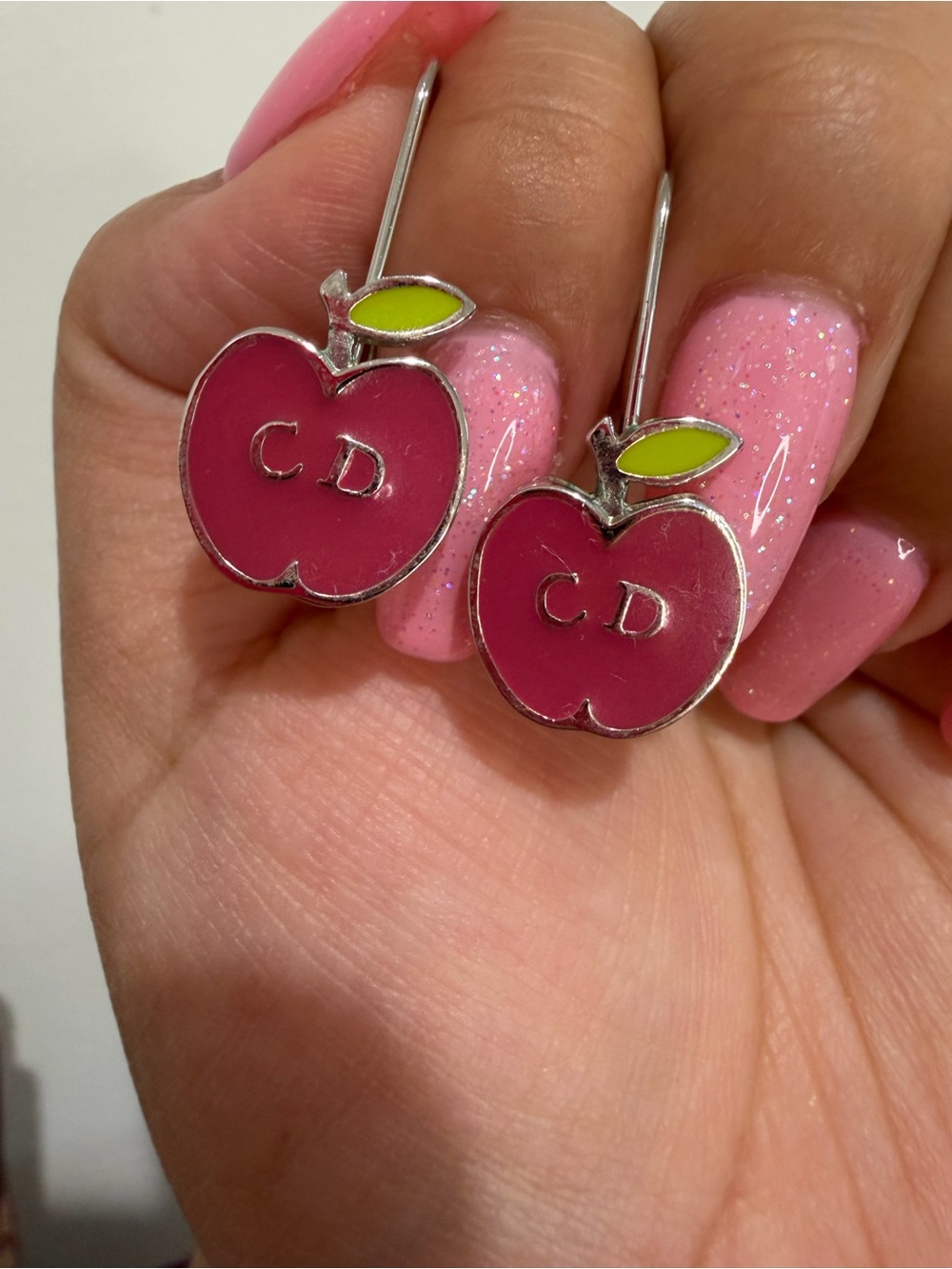 Dior Pink Apple Dangle Earrings with 'CD' Logo